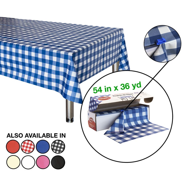 Neatiffy Disposable Plastic Table Cloth Roll | 54 in x 108 Ft Waterproof Tablecloth | Table Cover for Rectangle, Square, Round Oval Tables | Picnic, Party, Banquet, Birthdays, Weddings - Blue Gingham - Image 2
